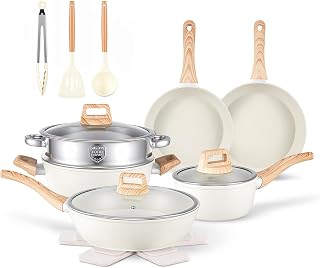 Anymark 16PCS Pots and Pans Set Non Stick Cookware (white, 16pieces) | Beautiful Great Value Food Cooks Evenly Cleans Easily With Frying Pan