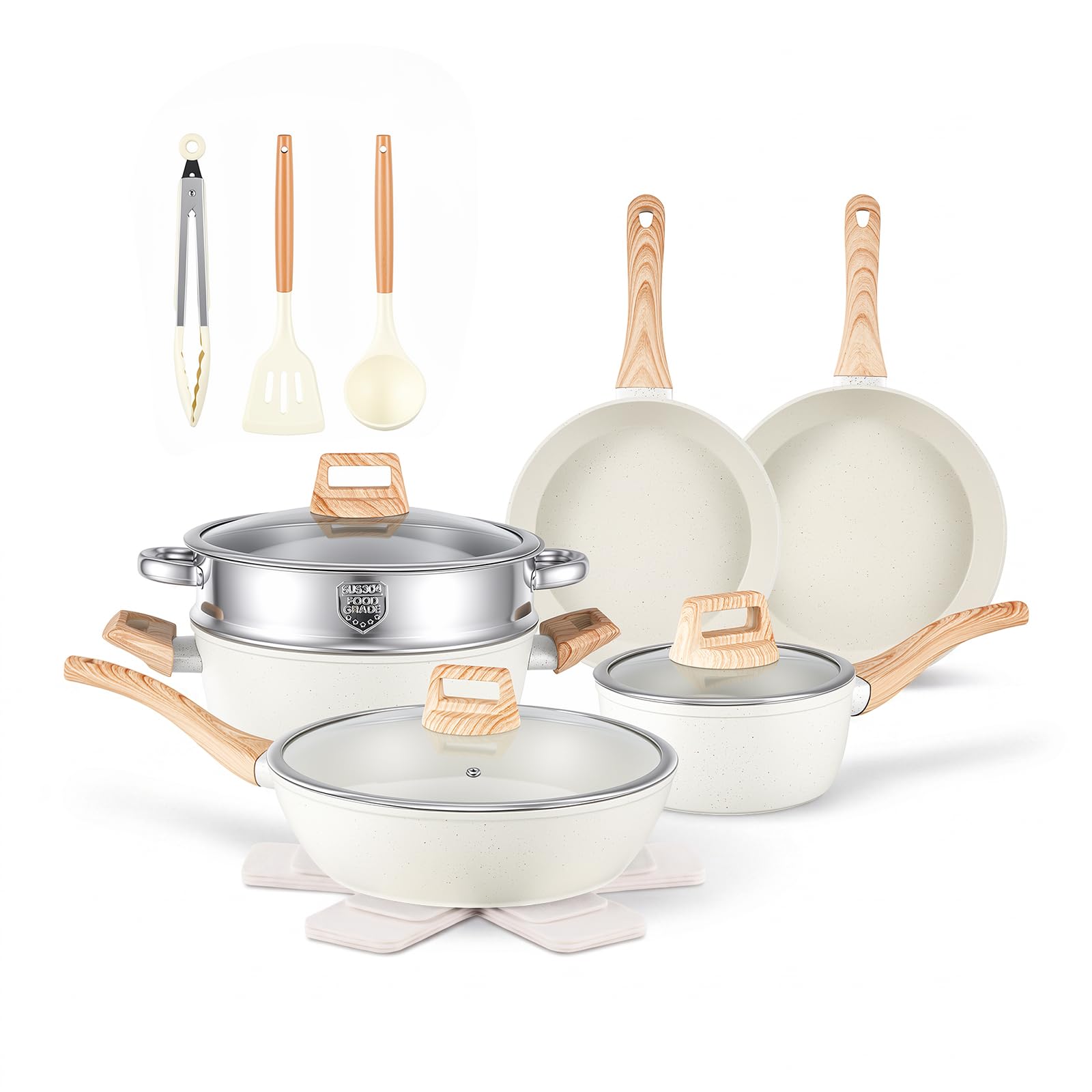 Anymark 16PCS Pots and Pans Set Non Stick Cookware (white, 16pieces) | Beautiful