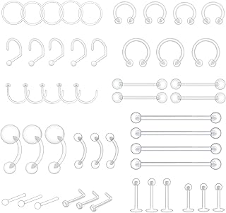 ZUYASSNEI 48pcs Clear Piercing Retainers Bioflex Nose Tongue Belly nipple rings Plastic Earings Eyebrow Cartilage Tragus Lip Septum Hoop Nose Stud Industrial Bar Piercing Jewelry For Surgery.,