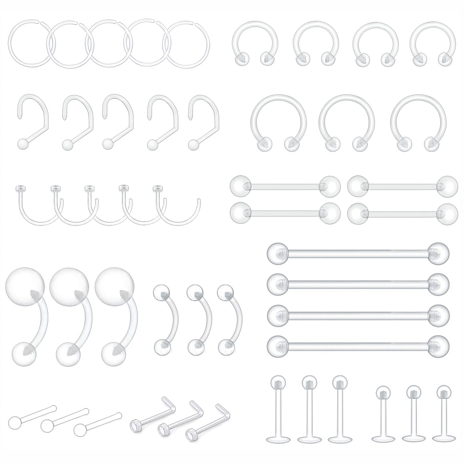 ZUYASSNEI 48pcs Clear Piercing Retainers Bioflex Nose Tongue Belly nipple rings 
