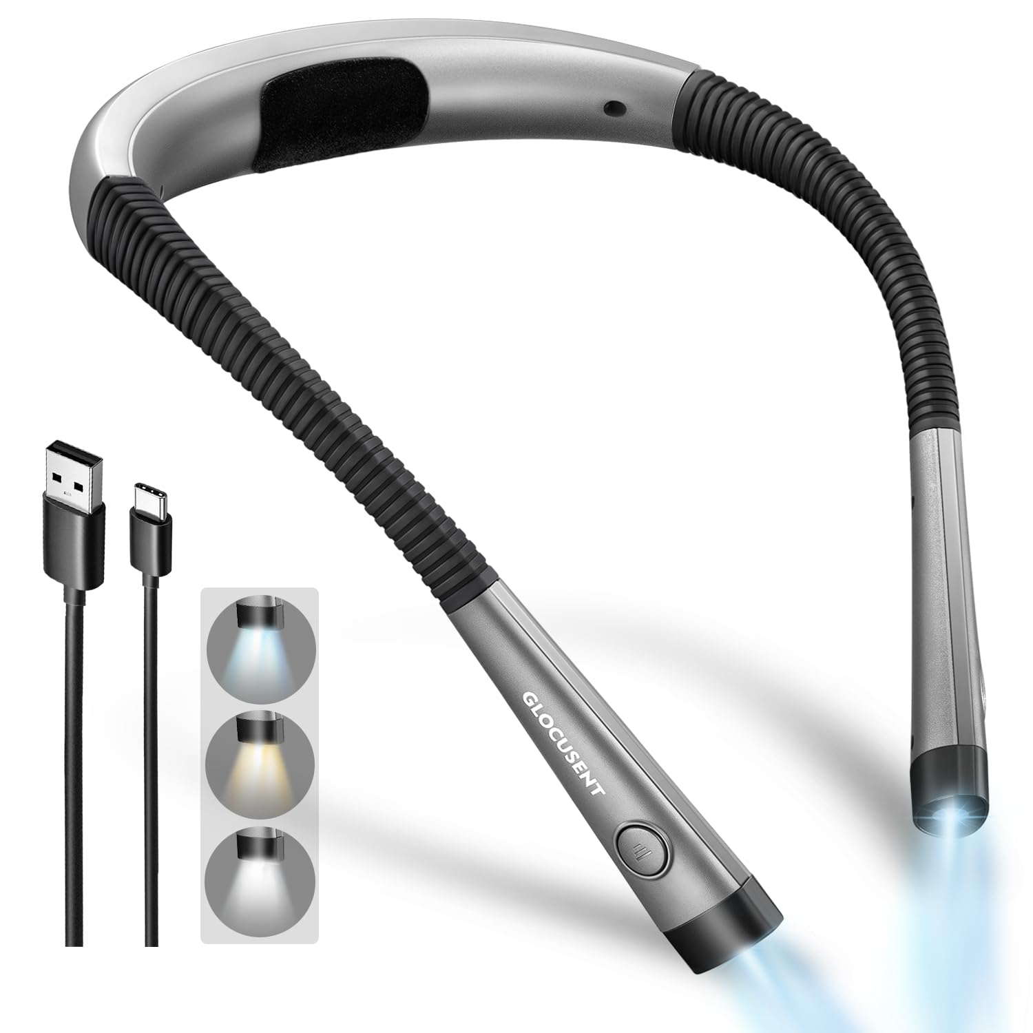 Glocusent Reading Light,Bendable Neck Light,80-hr Rechargeable Book Light | 3-Co