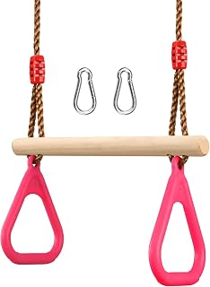 PELLOR Playground Children's Wooden Trapeze Swing Bar with Plastic Gym Rings Swing Set for Indoor & Outdoor Fun (Pink)