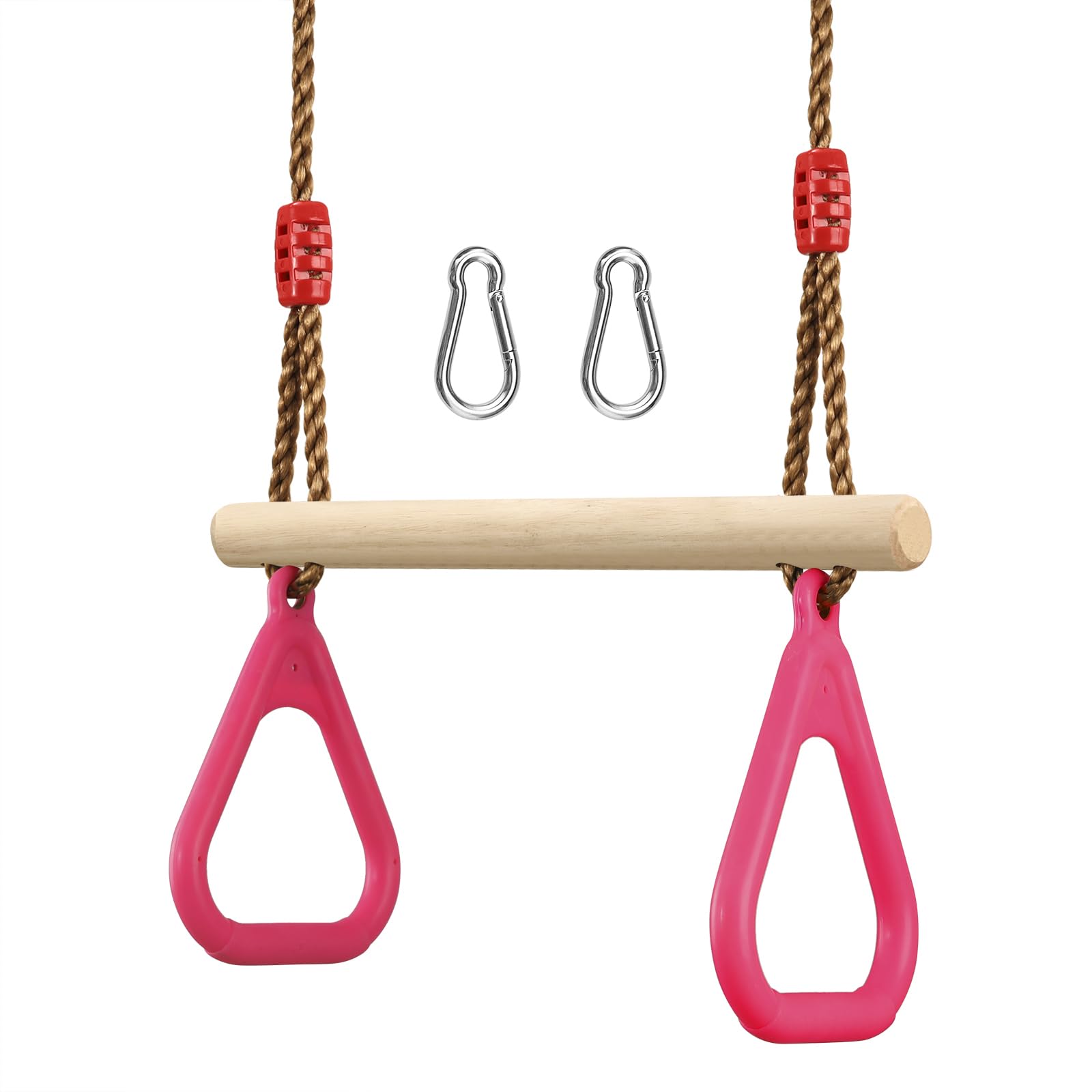 PELLOR Playground Children's Wooden Trapeze Swing Bar with Plastic Gym Rings Swi