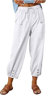 Women's Capri Pants High Waist Drawstring Cinch Bottom with Button Cotton Loose Casual Trouser with Pockets