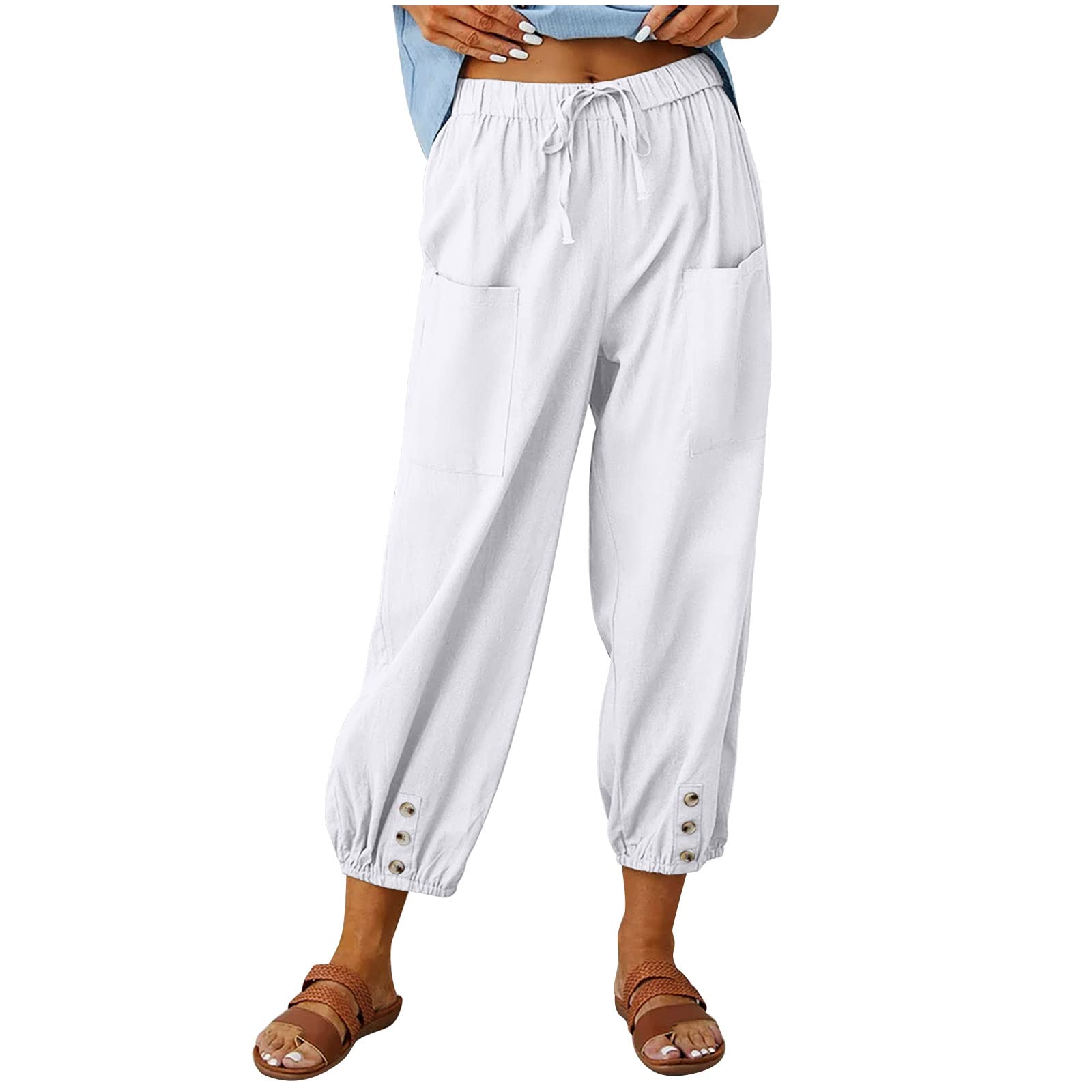 Women's Capri Pants High Waist Drawstring Cinch Bottom with Button Cotton Loose 