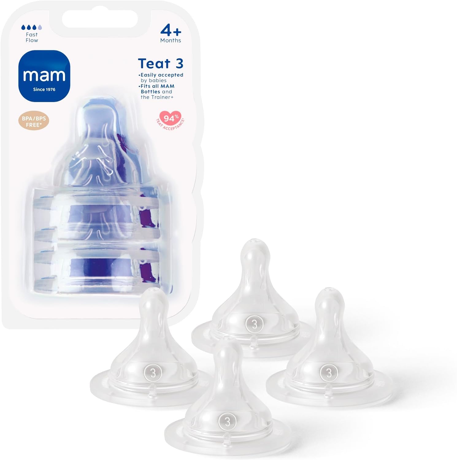 MAM Teats Size 3, Fast Flow, 4 Pack | Suitable from 4+ Months, Fits All MAM Bott