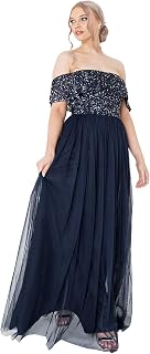 Maya Deluxe Maya Berry Bardot Embellished Maxi Dress Women's Bridesmaid Dress