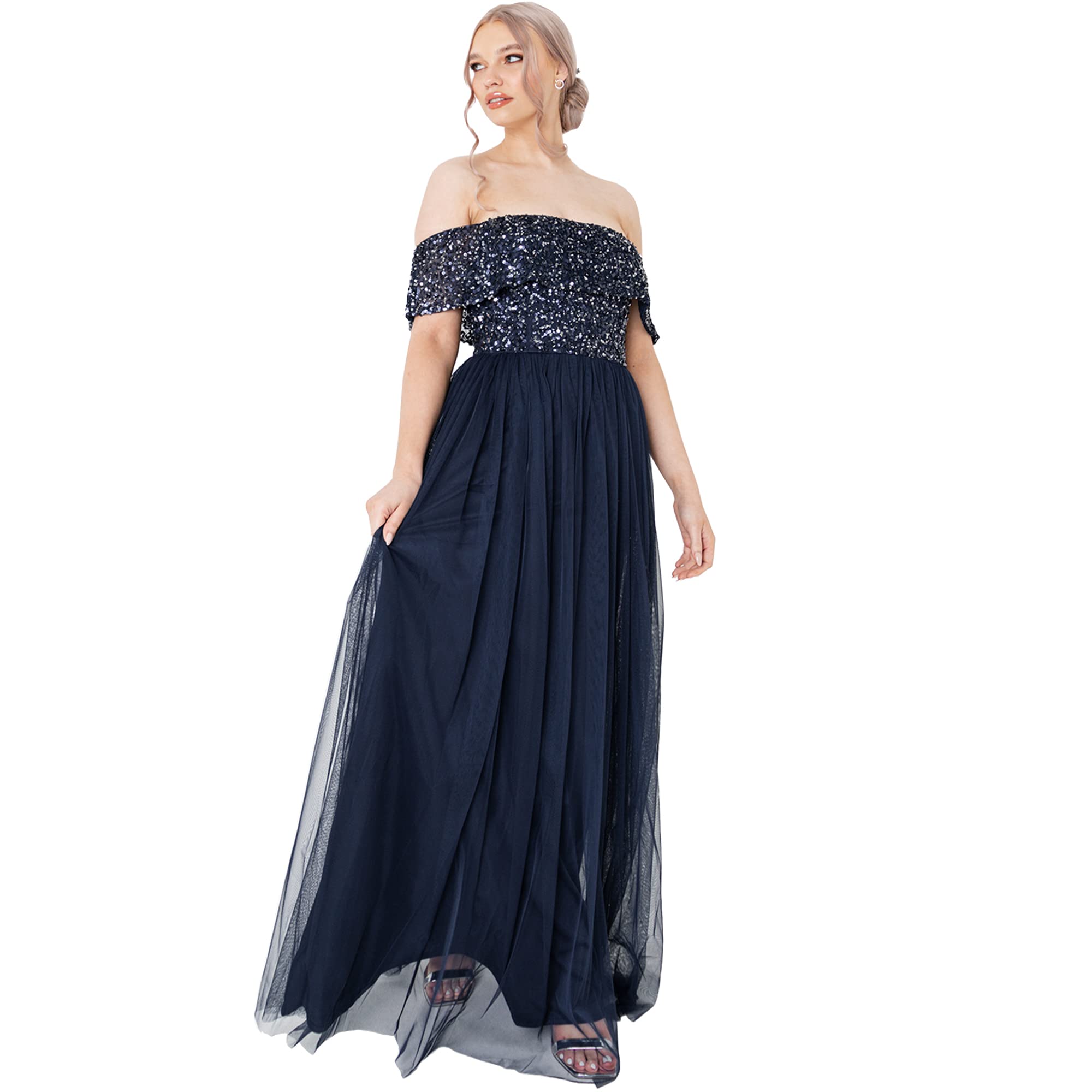 Maya Deluxe Maya Berry Bardot Embellished Maxi Dress Women's Bridesmaid Dress