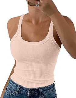 DUOEASE Spaghetti Top Women's Summer 2025 Ribbed Crew Neck Tank Top Basic Plain Slim Fit Stretch Top