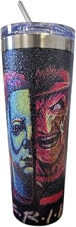 Handmade Sparkly Horror Tumbler – 20oz “Friends” Slasher Edition – Features 4 Iconic Villains – Creepy Gift for Horror Fans – BPA-Free/Sans BPA