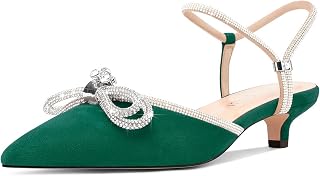 Aachcol Womens Close Toe Rhinestone Bow Kitten Heels Pointed Toe Low Heel Bow Pumps Adjustable Ankle Strap Bridal Prom Wedding Dress Shoes