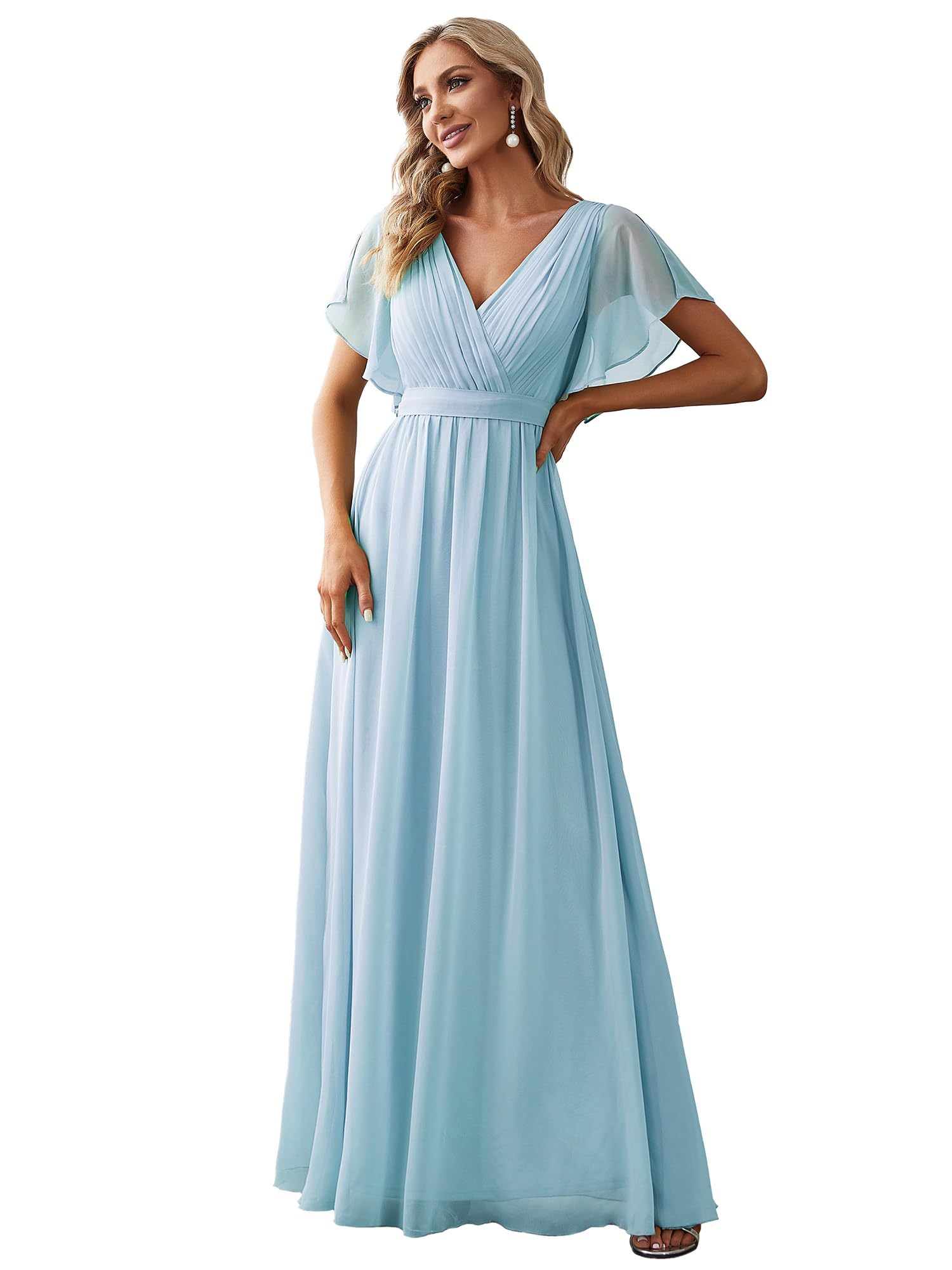 Ever-Pretty Elegant Pleated Empire Waist V Neck Short Sleeve Long Evening Dress 