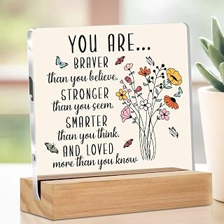Inspirational Gifts for Women Friends, 4x4 Inch Motivational Reminder Quotes Acrylic Sign Positive Affirmations Retro Wildflowers Desk Accessories