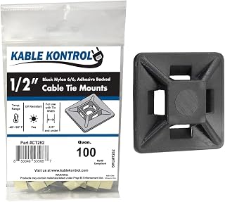 Kable Kontrol Zip Tie Mounts, 1/2” Black, 100 Pcs Adhesive Backed | Multi-Purpose UV-Resistant Mounting Squares Nylon Cable Tie Wrap Anchor Pads for Cable Management