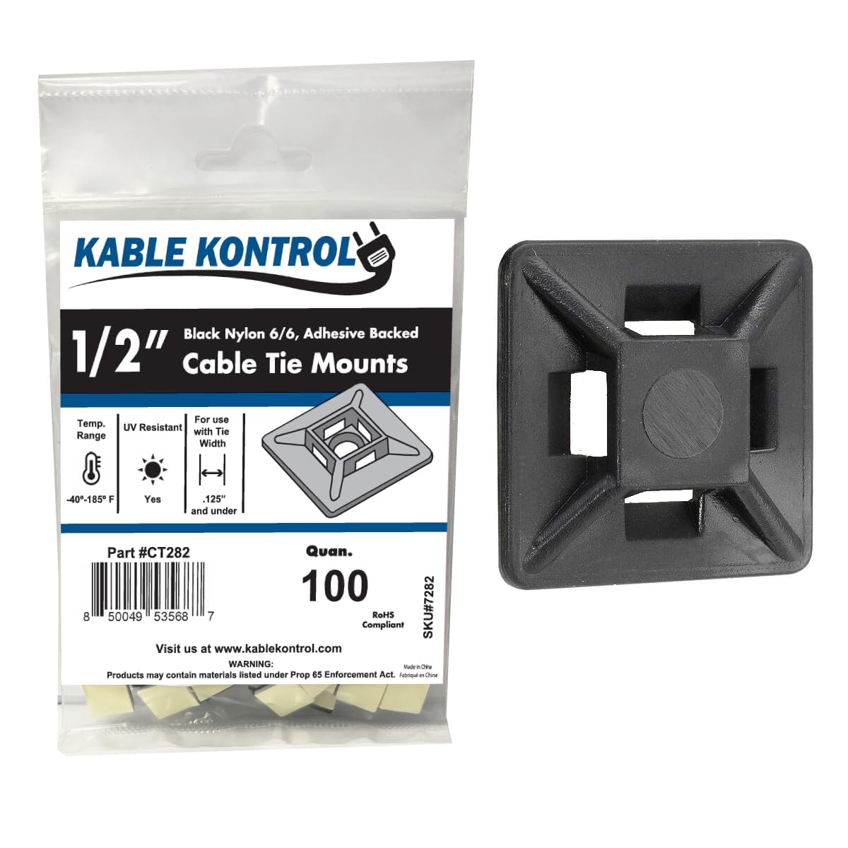 Kable Kontrol Zip Tie Mounts, 1/2” Black, 100 Pcs Adhesive Backed | Multi-Purpos