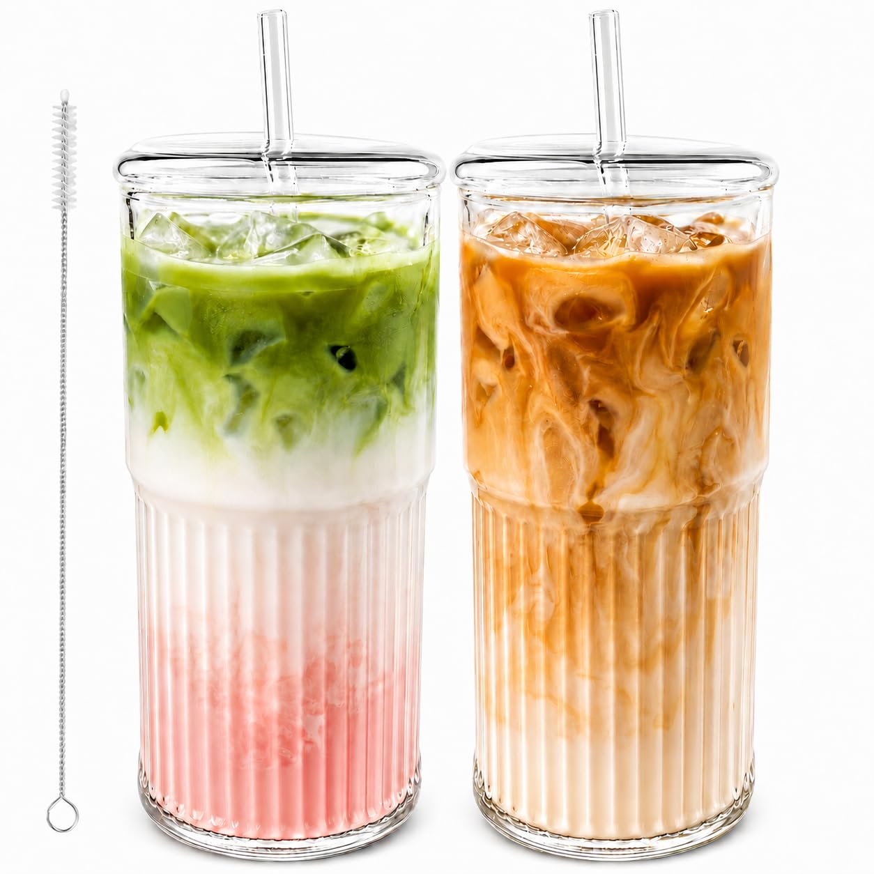 Luiaiog 20 oz Glass Cups with Lids and Straws Set of 2, Ribbed Glass Coffee Cups