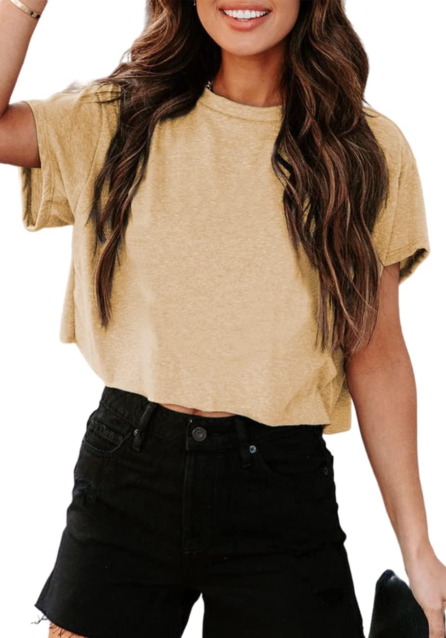 Tankaneo Women's Oversized Crop T-Shirt with Crew Neck