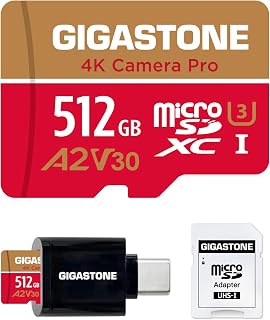 [5 Years Free Data Recovery] Gigastone Micro SD 512GB 4K Camera Pro A2 V30 UHS-I U3 Class 10 up to 150/120MB/s for GoPro and Action CAM with Adapter and USB-C Reader