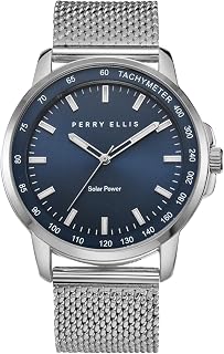 Perry Ellis Men's Solar Watch | Steel Mesh Strap | Waterproof Analog Wrist Watches for Men | 43mm Case | Aluminum Tachymeter Bezel | Elegant Gift for