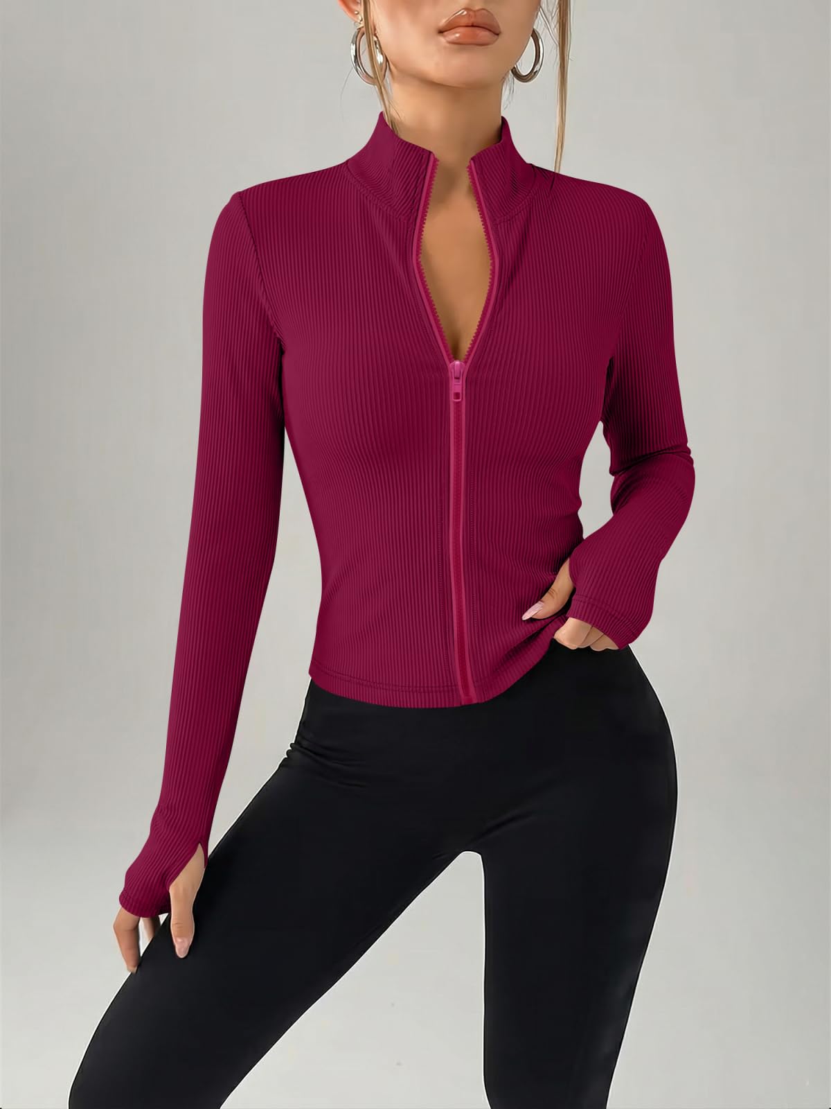 Sweatshirts for Women Full Zip Ribbed Slim Fit Mock Neck Long Sleeve