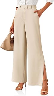 Cicy Bell Ladies Side Slit Stretch High Waist Wide Leg Trousers Casual Work Trousers with Pockets