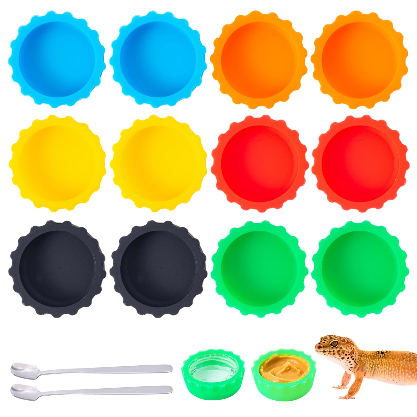 12Pcs Gecko Food Water Bowl Silicone Reptile Feeding Dishes with 2 Stainless Ste