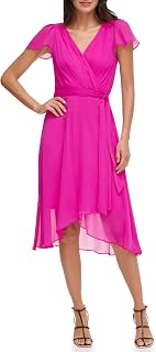 DKNY Womens Flutter Sleeve Surplice Tie Fit & Flare Midi DressDress