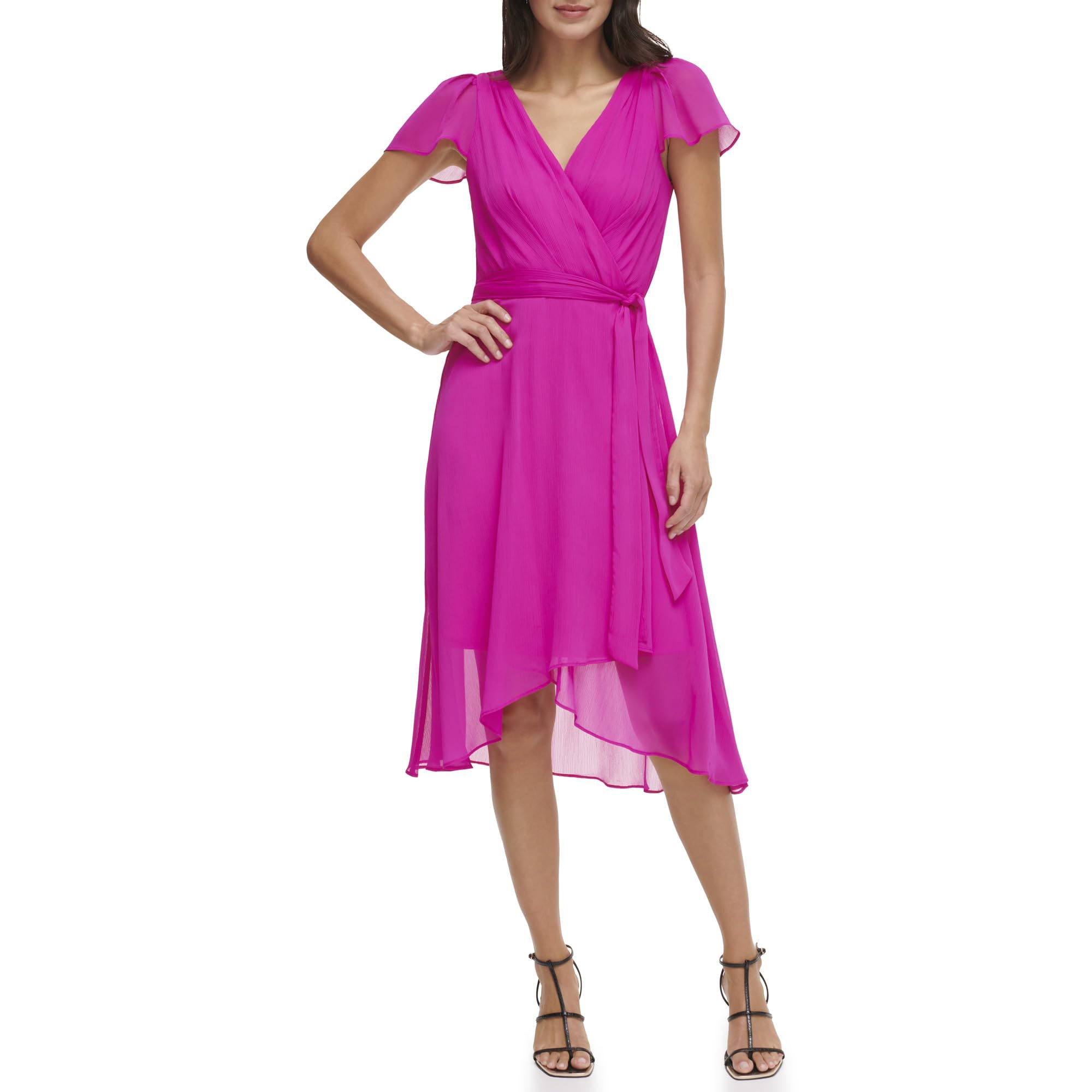 DKNY Womens Flutter Sleeve Surplice Tie Fit & Flare Midi DressDress