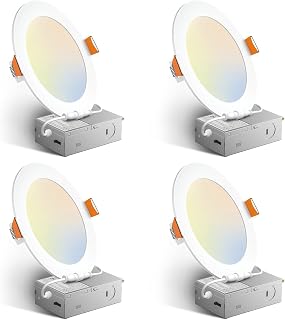 Amico 4 Pack 6 Inch 5CCT Ultra-Thin LED Recessed Ceiling Light | 1050LM High Brightness, 12W Low Power, 5%-100% Smooth Dimming, Junction Box Included, ETL&FCC Listed, Canless Wafer Downlight