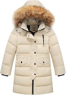 amropi Girls' Down Jackets with Fur Hood Long Winter Jacket Cold Protection Water-Repellent Thickened Down Coat for 2-12 Years