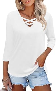 Heymiss Women Tops 3/4 Sleeve V Neck Loose Fit Casual Tunic Blouses Cross Tops Summer Tops