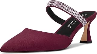 Saekcted Women's Chunky Block Medium Heel Pointed Toe Pumps Slip-on Diamante Crystal Casual Cute Slippers Fashion Shoes