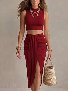 Women's 2 Piece Outfit Sleeveless Crop Top and Ruched High Waist Slit Midi Skirt Set