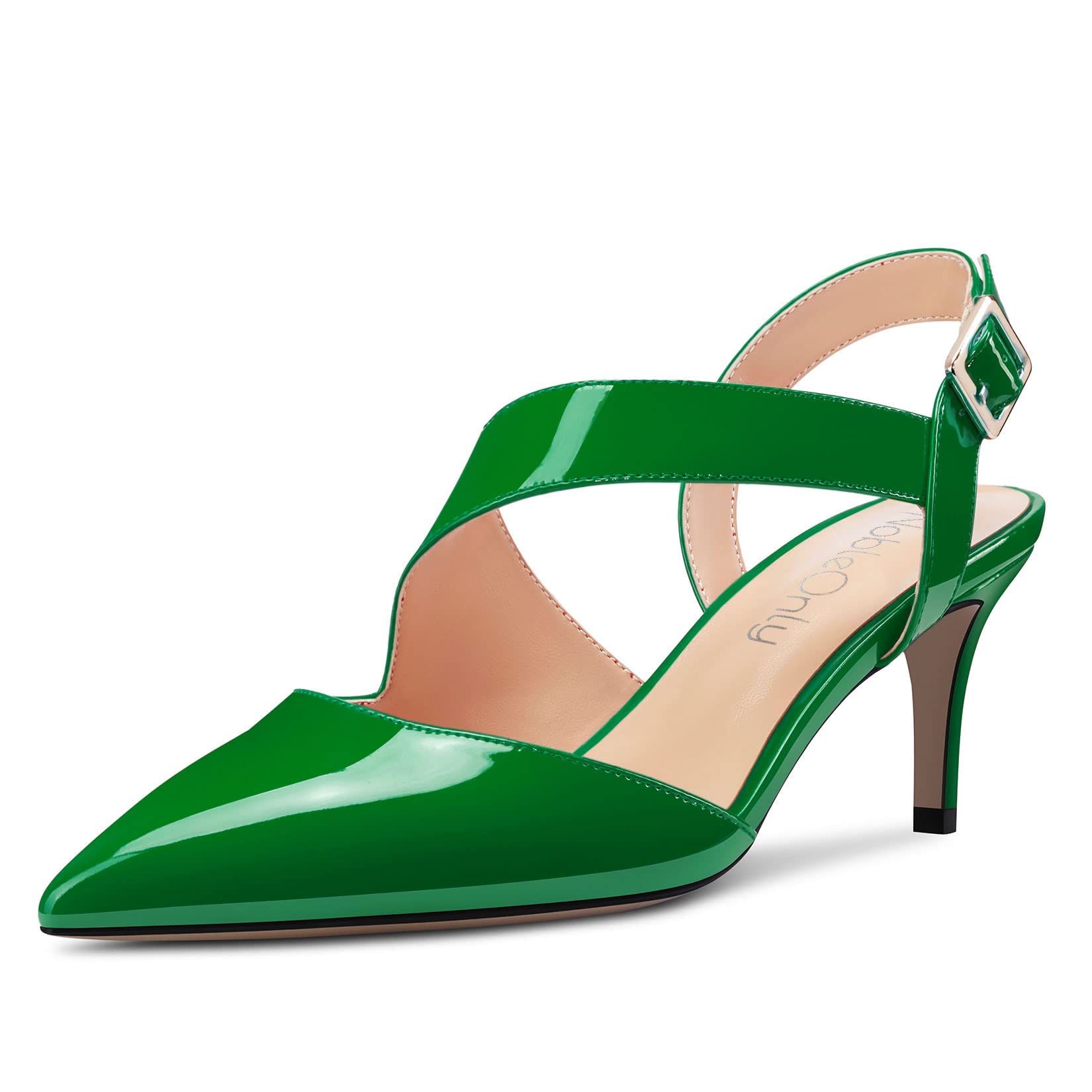 NobleOnly Women's Pointed Toe Mid Heel Sandals Strap Ankle Buckle Closure Dance 