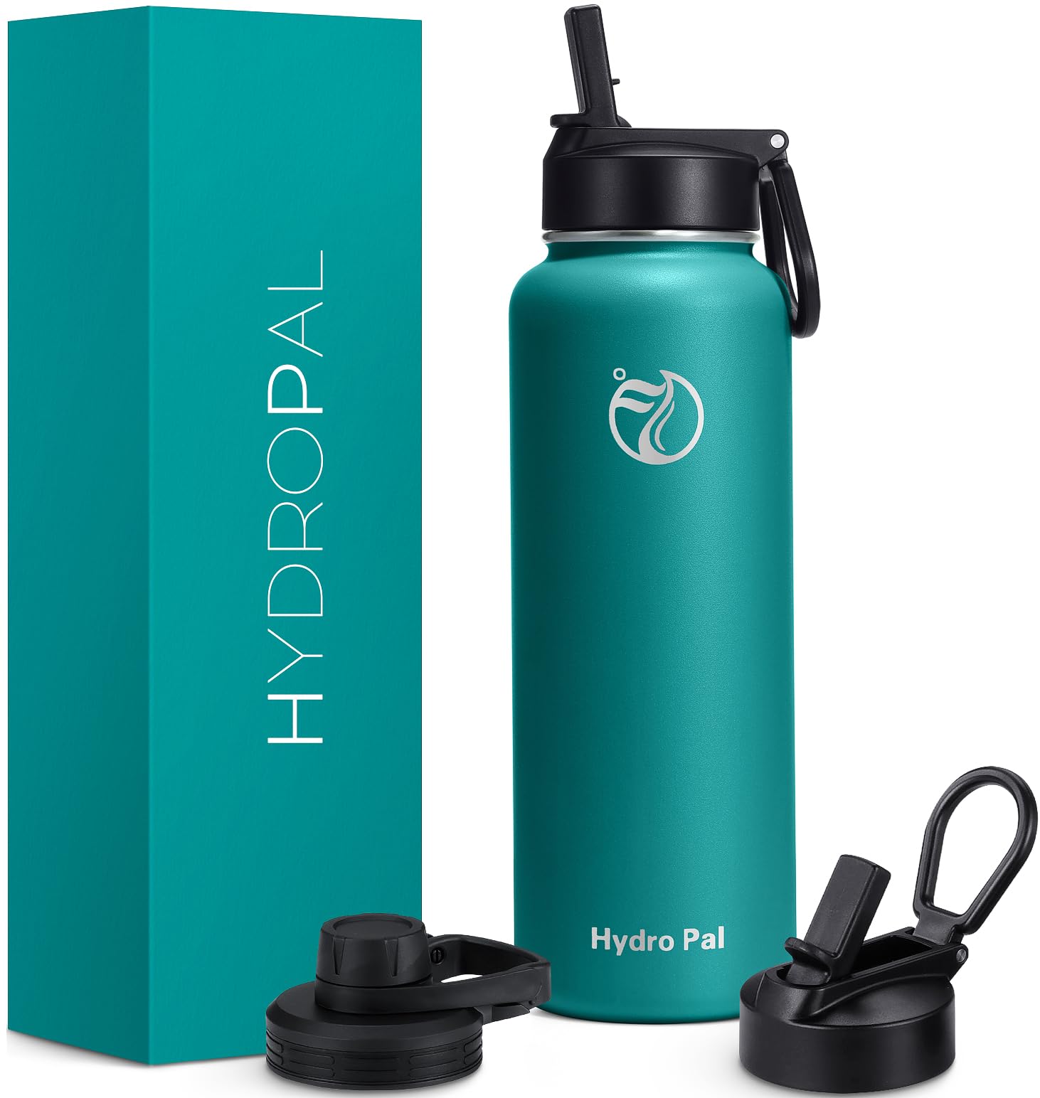 HydroPal Stainless Steel Insulated Flask, Drinking Bottle with Straw, 2 Lids, 1.
