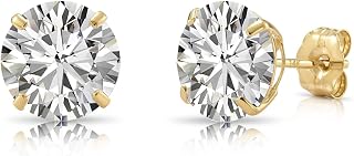 14k Yellow Gold Solitaire Round Cubic Zirconia CZ Stud Earrings with Gold butterfly Pushbacks