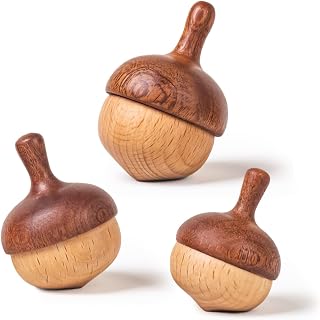 DadCarved Wooden Spinning Tops Acorn Toy | 3 Pcs Wood Tops Made from Sapele and Beech Hardwood with Cotton Drawstring Storage Bag | Smooth & Safe for Toddlers Skill Play and Travel, Gift-Ready