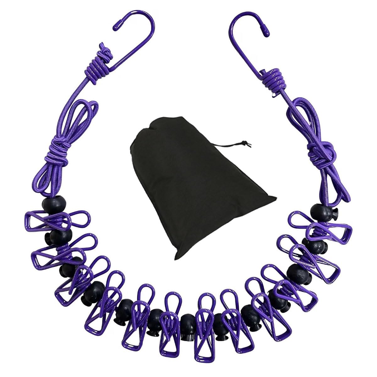格納式物干しロープ、クリップ12個付き、旅行、屋内、屋外用(パープル)。