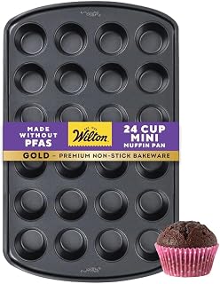 Wilton Gold Non-Stick Muffin Pan, Made Without PFAS, 24-Cup | Non-Stick Steel with Scratch-Resistant Coating, Resists Warping, Extended Handles, Dishwasher Safe, Perfect for Cupcakes