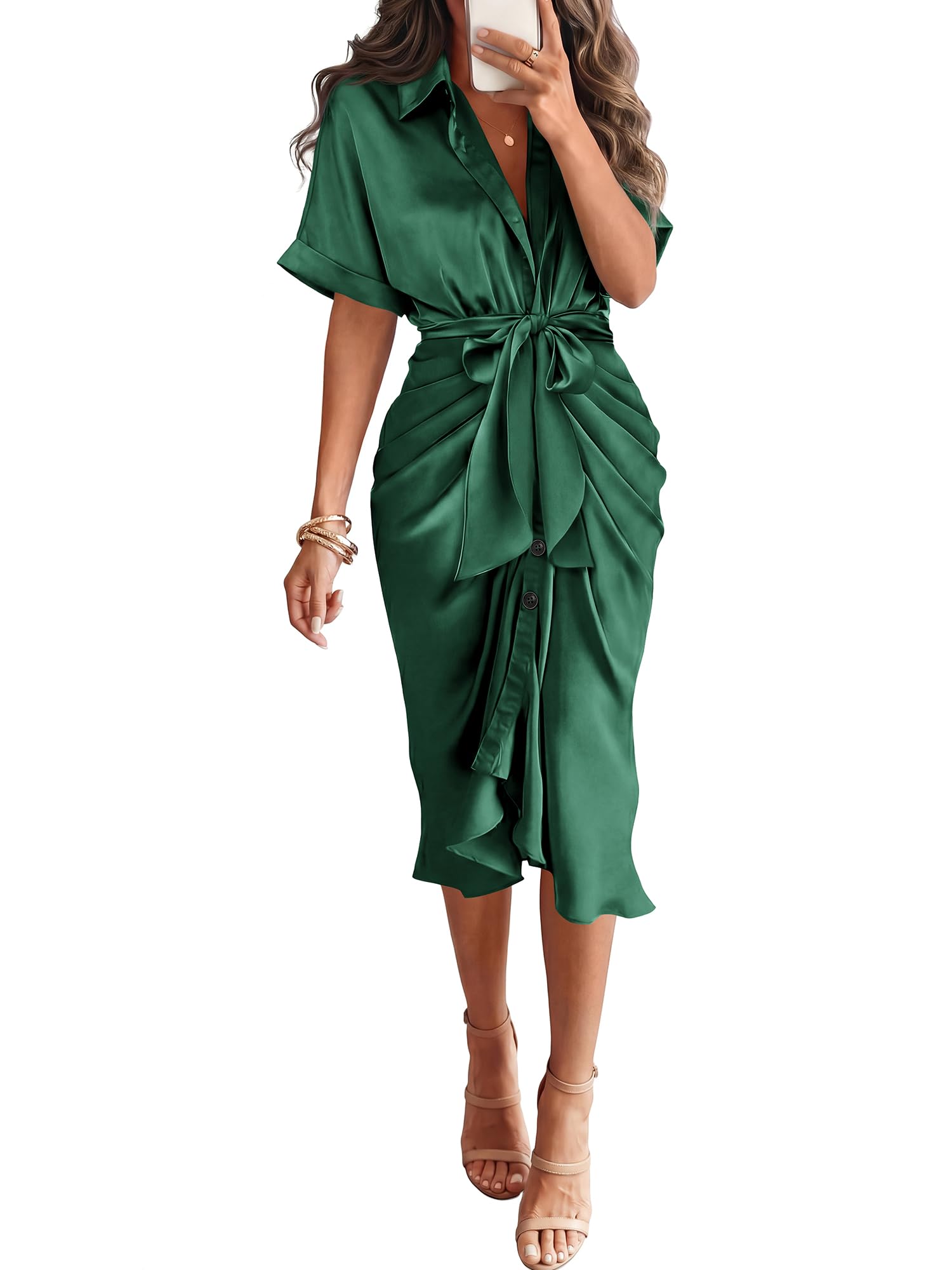 BTFBM Maxi Dresses for Women Lightweight Business Casual Ruched Shirt Dress