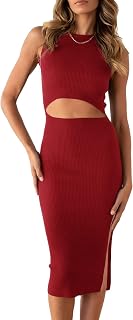 PRETTYGARDEN Women's Summer Midi Bodycon Dress Casual Crew Neck Side Slit Sleeveless Knit Cut Out Tank Top Dress