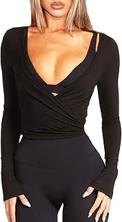 Navneet Women Wrap Top Ballet Long Sleeve Workout Crop Tops | V neck, Yoga, Going out, Pilates, Y2K, Fall outfit