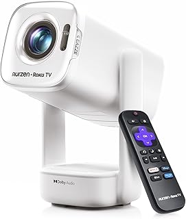 Aurzen Roku TV D1R air USB-C Powered Smart Portable Outdoor Projector White | Roku TV Built-in, WiFi & Bluetooth, Power Bank Supported, Native 1080P, DoIby Audio, Mini Projector for Home & Outdoor Movies