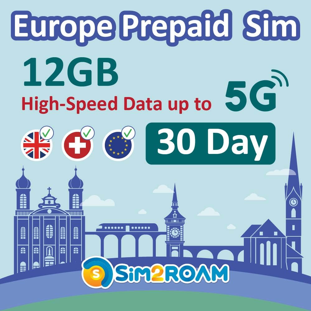 Europe Prepaid SIM Card | 30 Day Use | 12GB of 5G/4G Speed Data | Unlimited Call