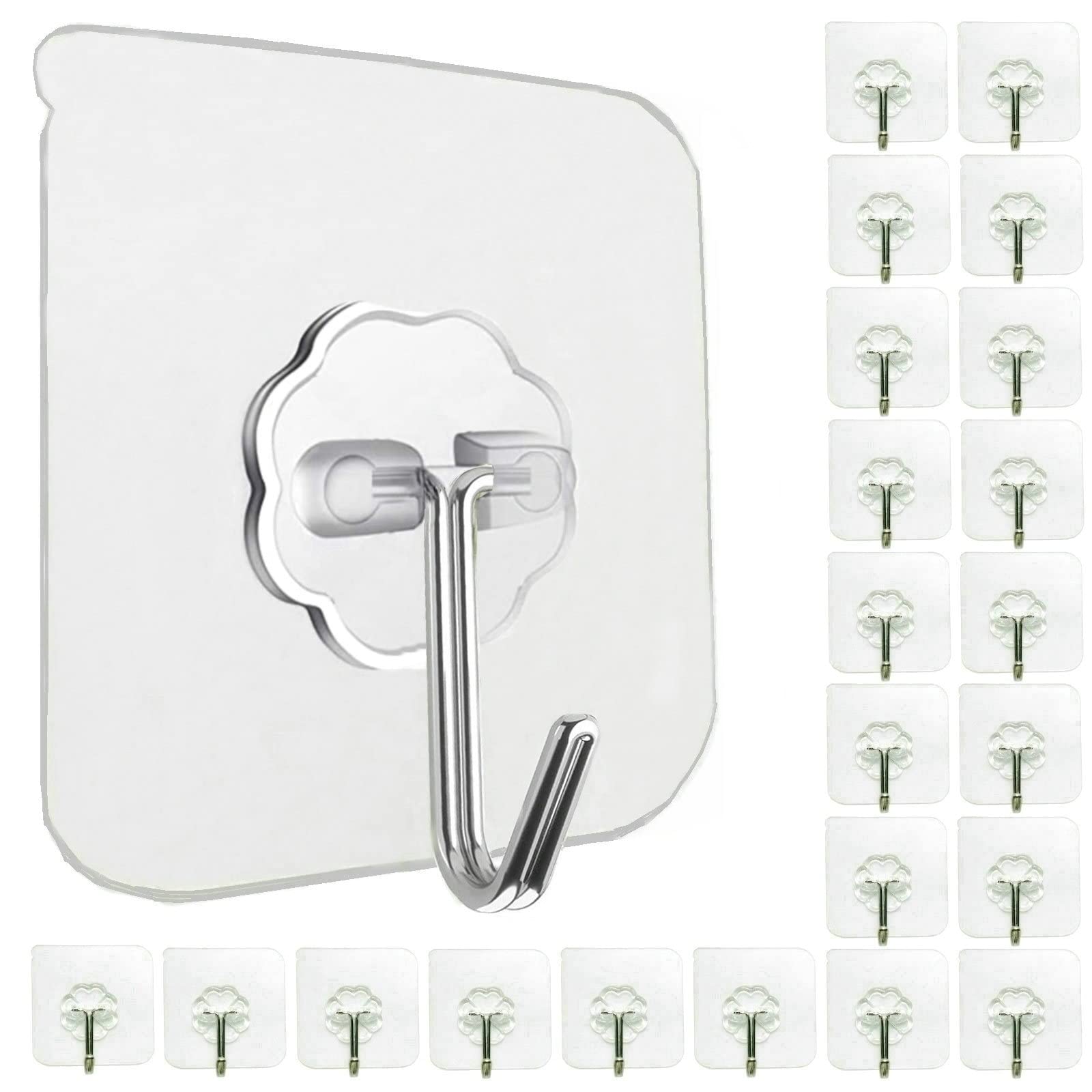 Jwxstore 24 Pack Adhesive Wall Hooks Clear 33LB Heavy Duty Sticky Hooks | Waterp