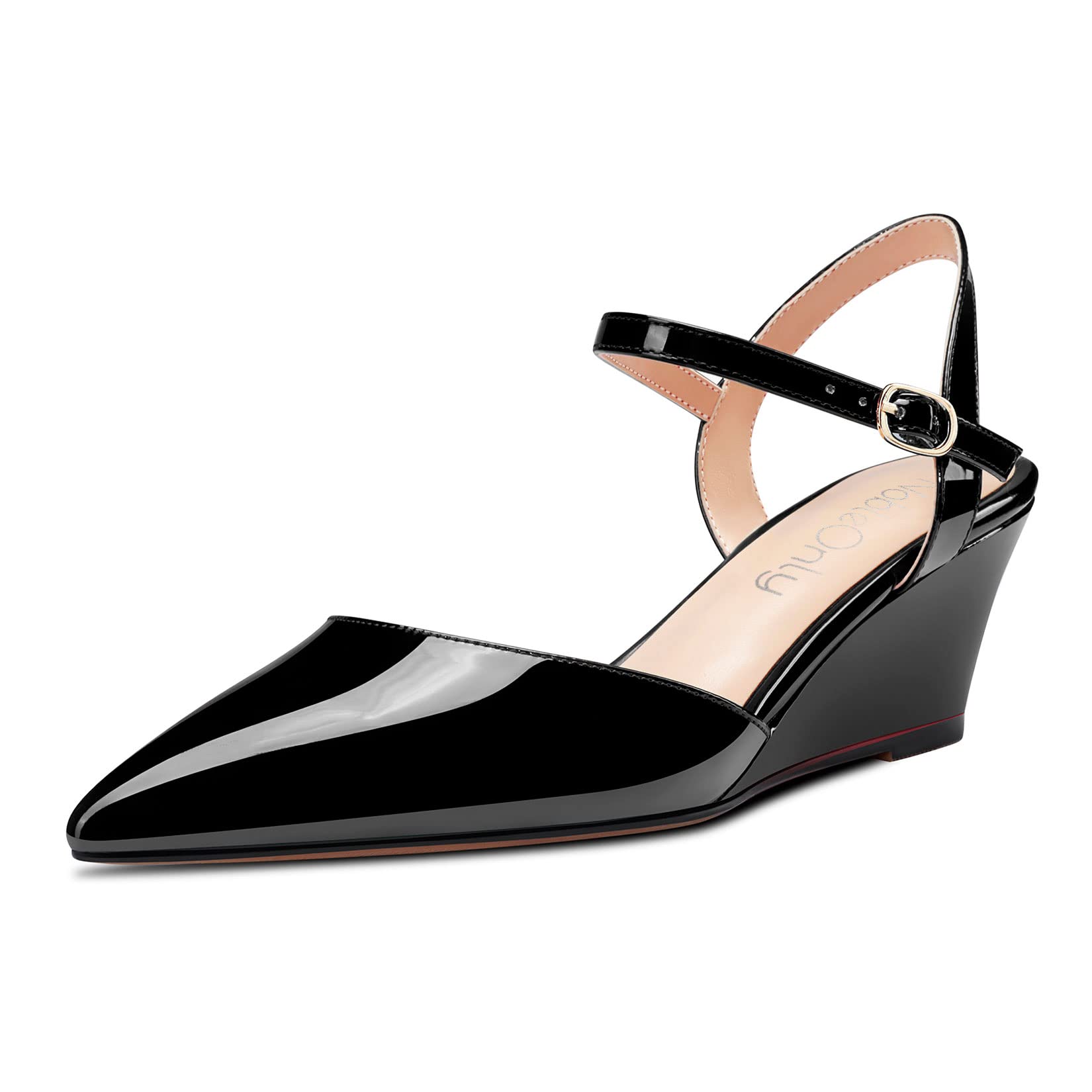 NobleOnly Women's Low Wedge Heel Lace Toe Cap Ankle Strap Pumps Slingback Classi