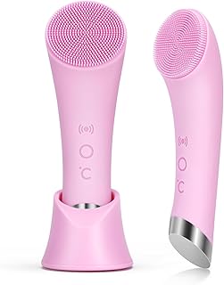 PRITECH Facial Cleansing Brush, Rechargeable Silicone Face Scrubber with Heat Massage End, Vibrating Exfoliator Scrubber for Deep Cleaning, Waterproof Face Brush for Women and Men (Pink)