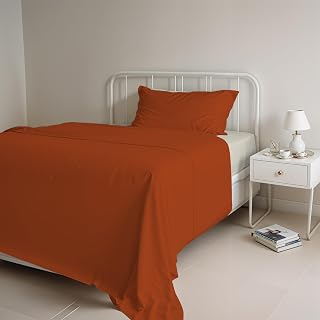 Italian Bed Linen Natural Colour Single Bed Set, 100% Cotton, Made in Italy, Top 150 x 300 cm, Bottom 90 x 200 cm, Pillowcase 50 x 80 cm, Plain Colour, DoubleFace - Terra/Cream