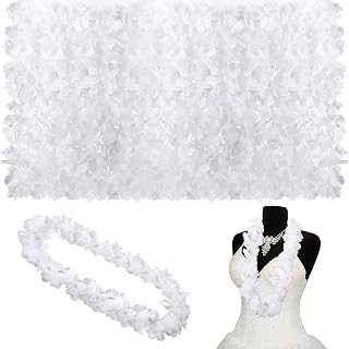 Geosar 48 Pcs White Flower Lei for Wedding Bulk Plastic White Flower Leis Luau Hawaiian Beach Wedding Hawaiian Garland Necklace Luau Apparel Accessories for Wedding Party Dress up