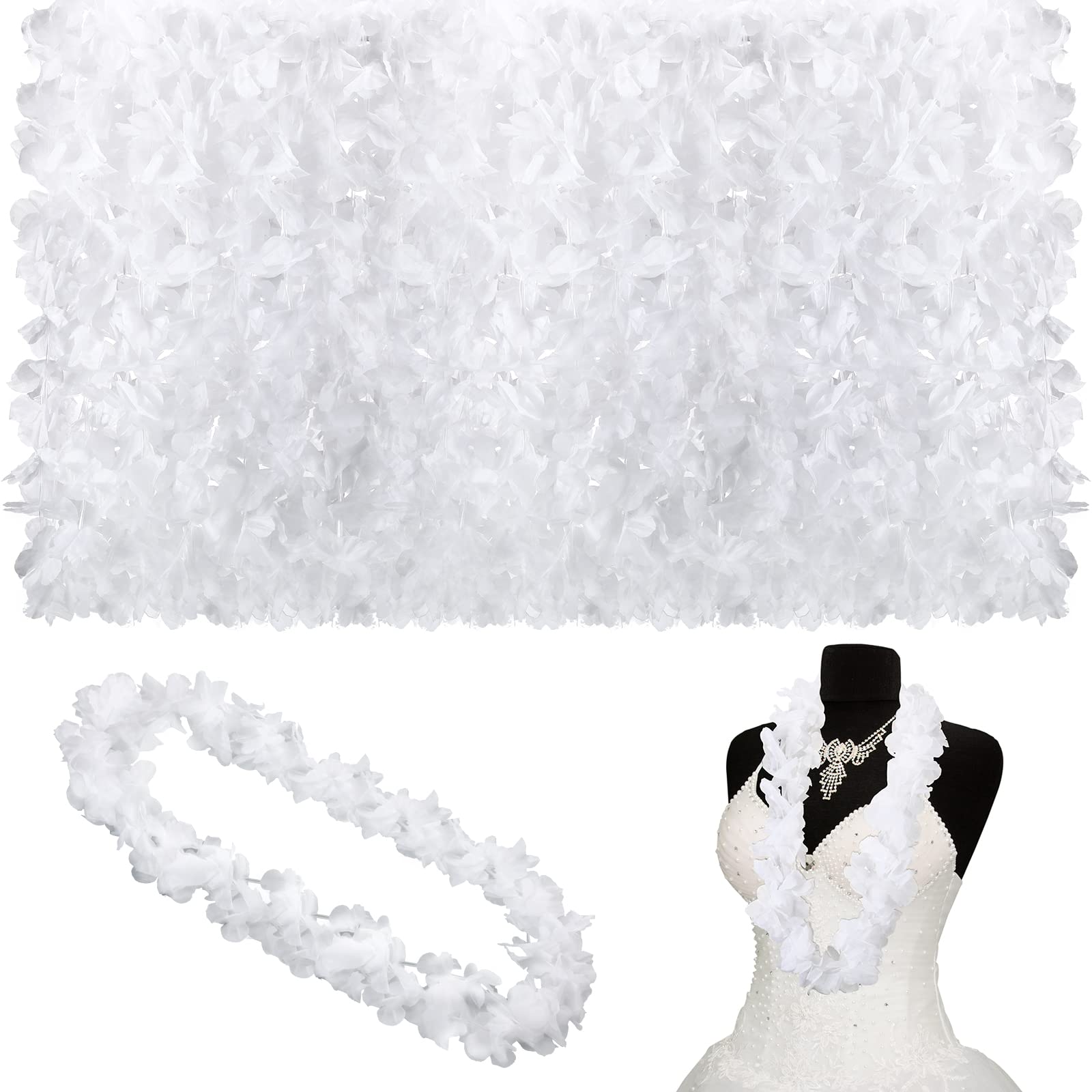 Geosar 48 Pcs White Flower Lei for Wedding Bulk Plastic White Flower Leis Luau H
